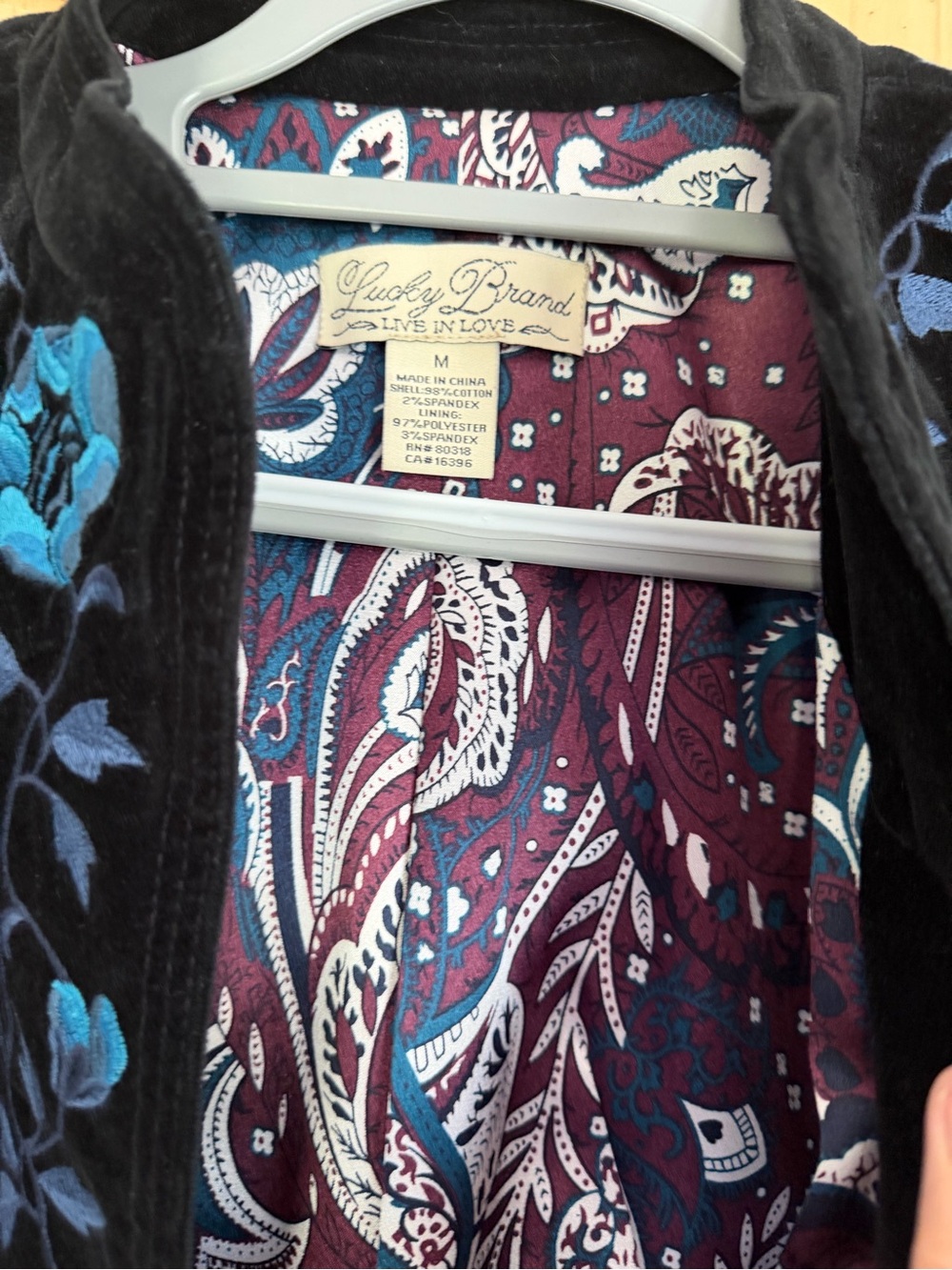 Lucky Brand Black Velvet Jacket with Blue Floral Embroidery liner - Picture 2 of 7